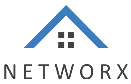 networx-logo Logo with a blue roof shape, four black squares, and the word "NETWORX" in black below.