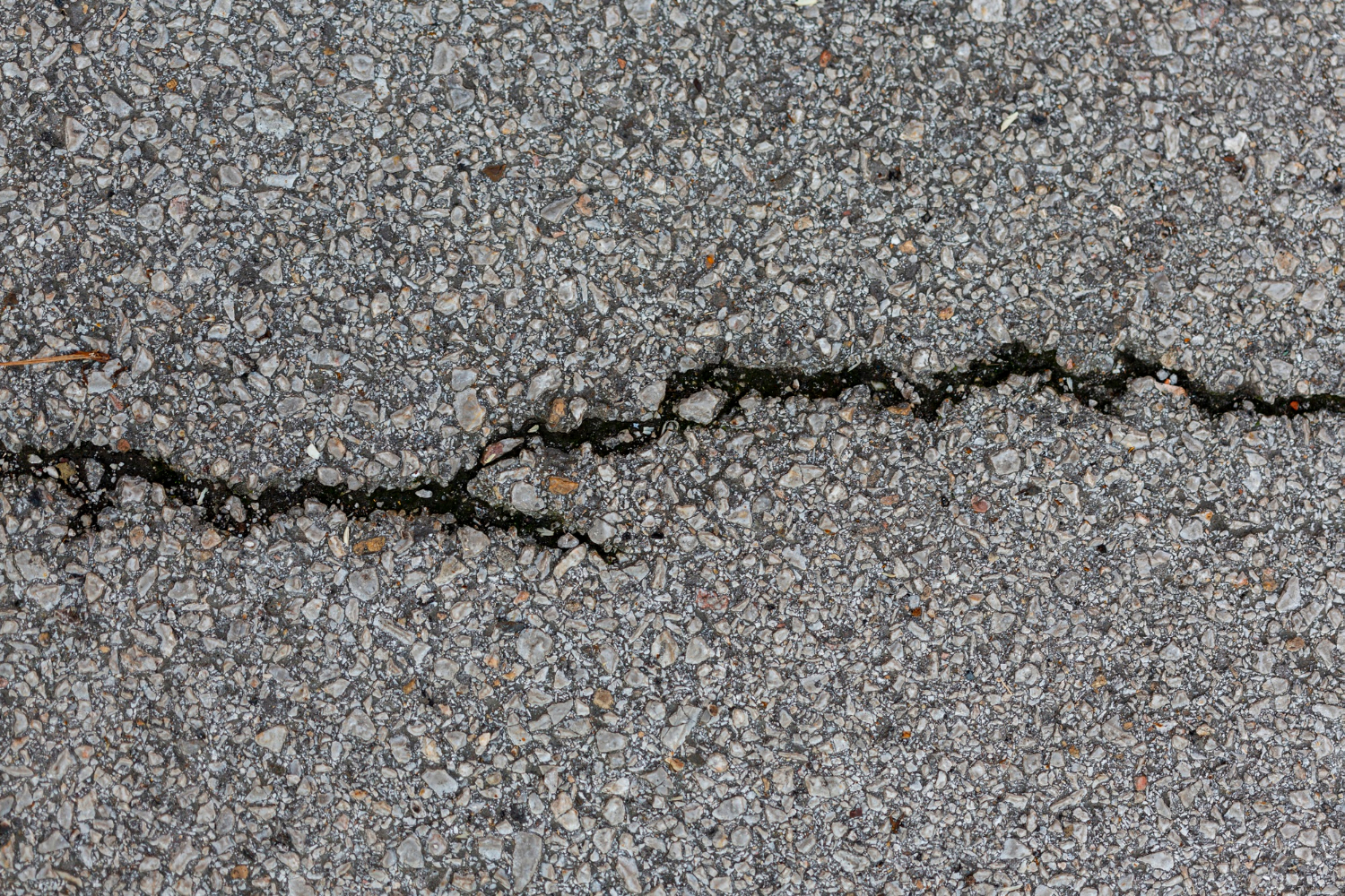 A narrow crack runs across a rough, gray asphalt surface.